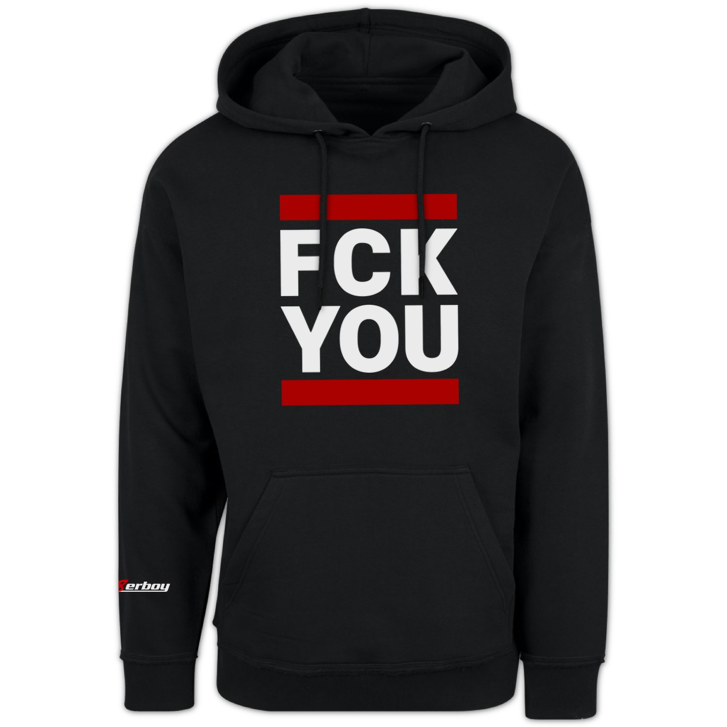 schwarzer sk8erboy kaputzen pullover gay fetisch sweat shirt mit logo auf dem arm und FCK YOU auf der vorderseite in schwarz weiss rot