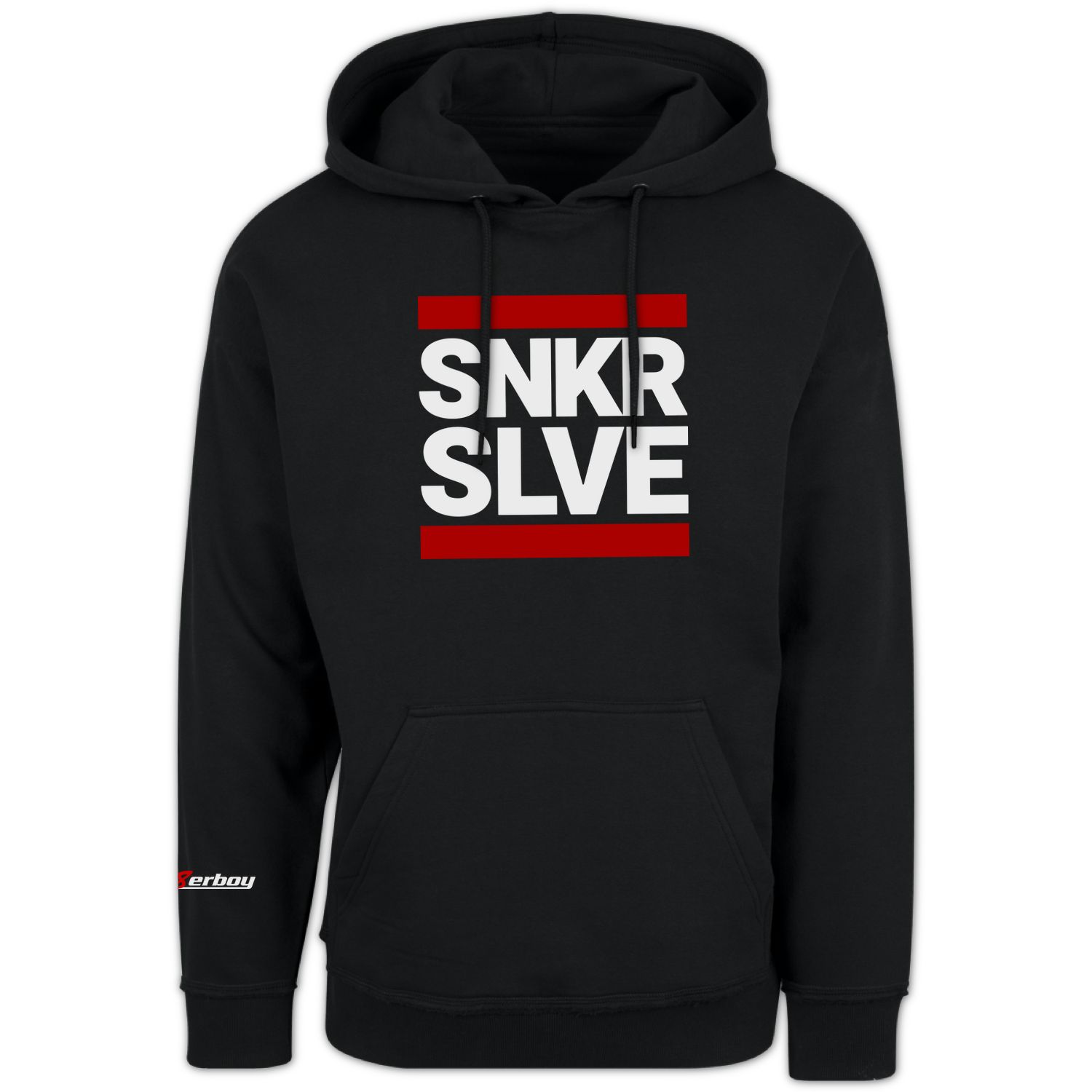 schwarzer sk8erboy kaputzen pullover gay fetisch sweat shirt mit logo auf dem arm und SNKR SLVE auf der vorderseite in schwarz weiss rot