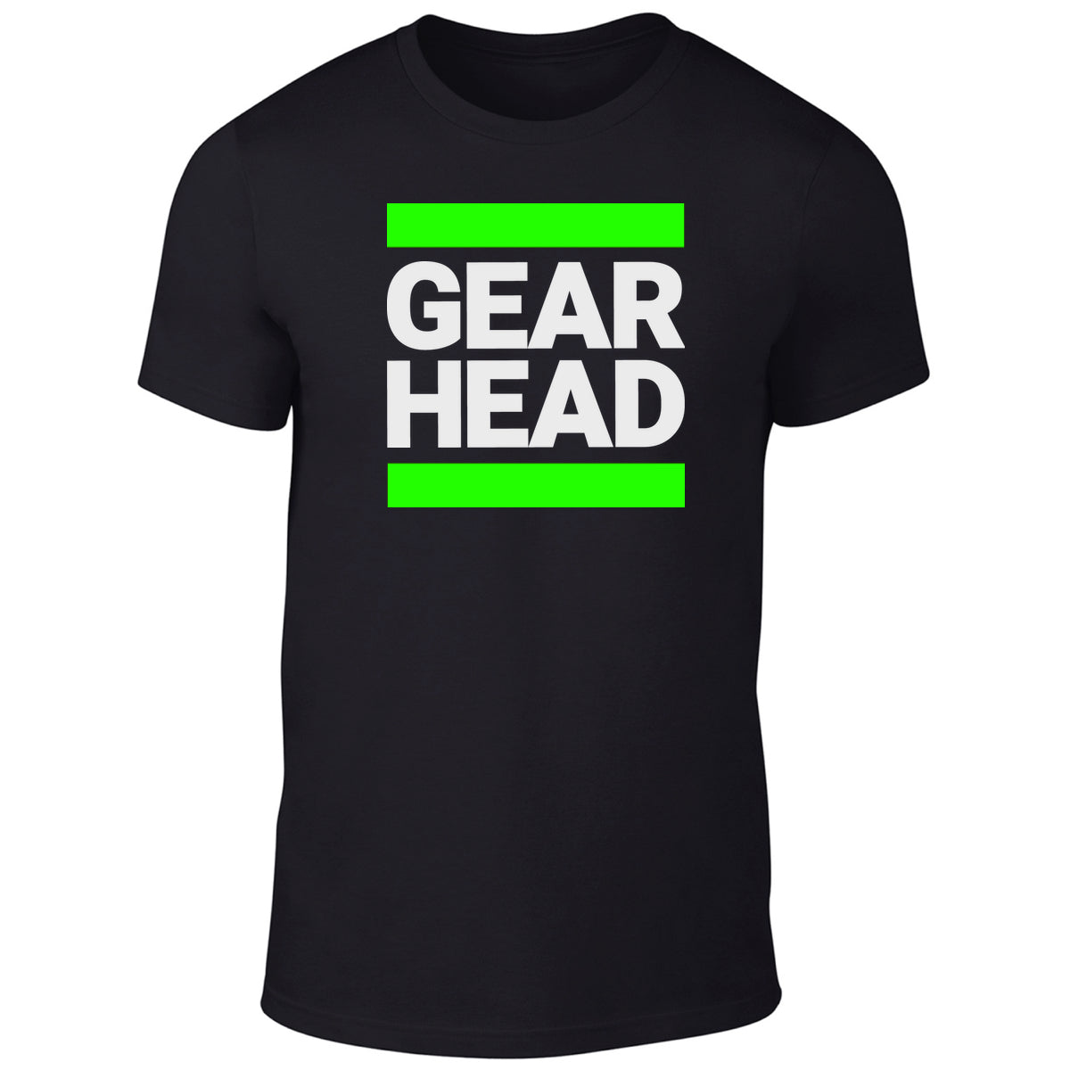 schwarzes t-shirt von sk8erboy mit großen buchstaben gear head auf der brust und neon farbene balken darüber und darunter für dein fetisch outfit