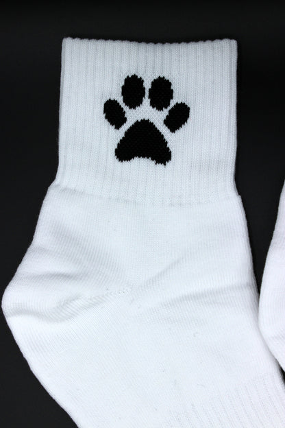 weisse sk8erboy puppy short crew socks mit hunde pfoten in schwarz in nahaufnahme