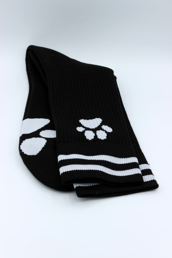 schwarze sk8erboy puppy socken mit weißer pfote an der seite und auf der sohle abgebildet mit verstecktem sk8erboy-logo auf der innenseite am bund nahaufnahme