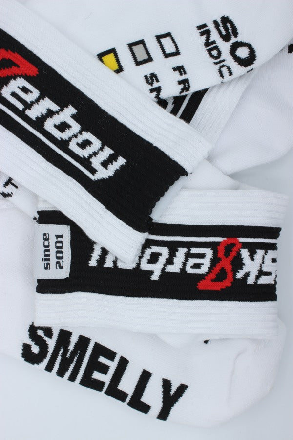 limited edition unserer liebsten socken zum 20 jährigen bestehen von sk8erboy als sk8erboy smelly socks mit weltweit erstem indicator auf der sohle und exklusivem lable auf der seite am bund und invers logo nahaufnahme